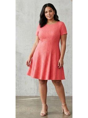 Gabby Skye Coral Textured Short Sleeve Fit & Flare Dress Womens 12P